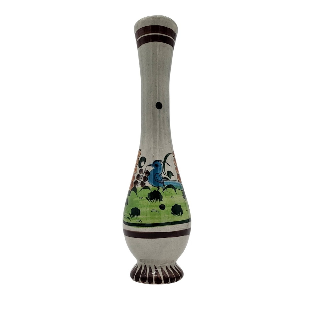 Vintage Tonala Signed Mexican Folk Art Pottery Vase Hand-painted Plants Bird 14"